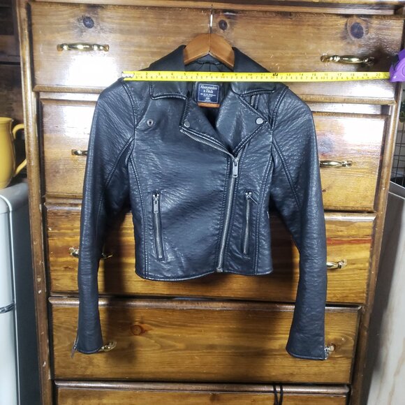 Abercrombie Black Faux Leather Cropped Moto Jacket XXS Petite Minimalist Y2K Wmn - Picture 5 of 8